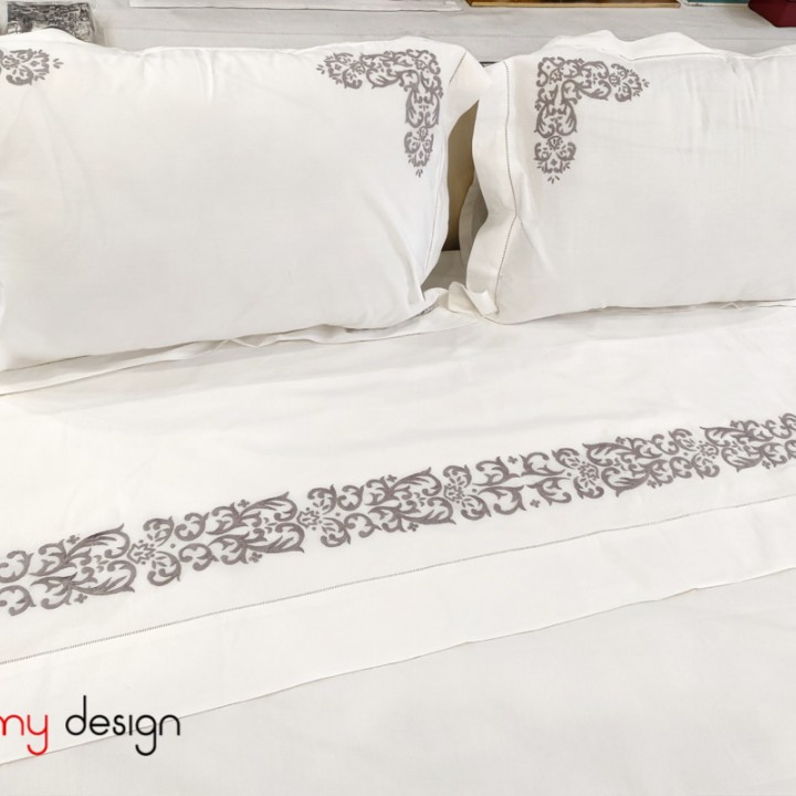 Queen size bed sheet with 2 pillowcases (50x70cm) - flower string embroidery